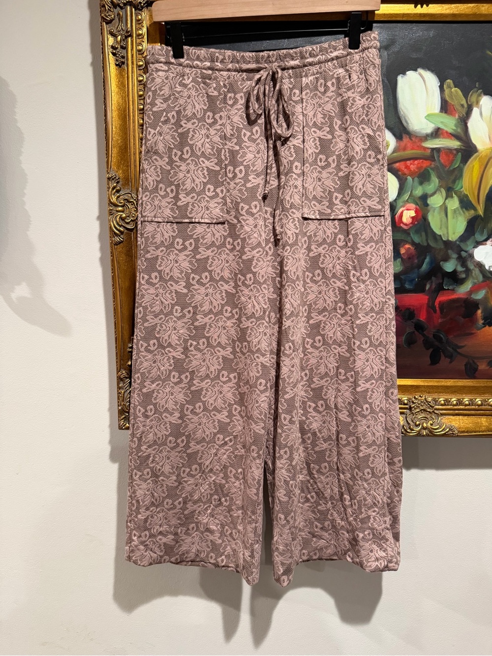 bobeau Dusty Rose Floral Wide-Leg Drawstring Pants